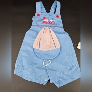 NWT Baby Togs 12 Months BLUE Train Overalls Romper & Matchig Hat 80s Vintage